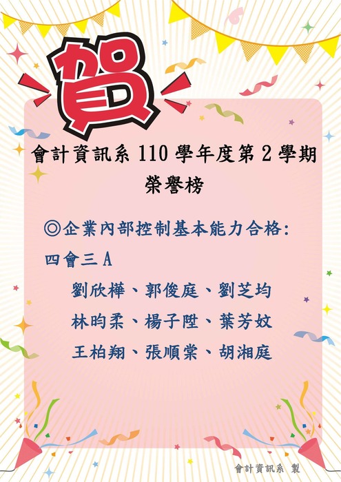 會計資訊系110學年度第二學期榮譽榜圖片